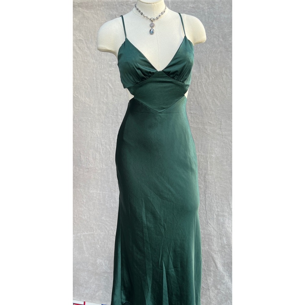 Here Comes The Sun Emerald Green Satin Midi Slip Dress Size S Cutout Cocktail - Picture 2 of 16